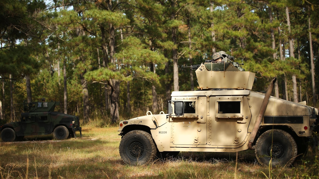 Marines with Combined Anti-Armor Team, 3rd Battalion, 2nd Marine Regiment, conduct patrols during a patrol training exercise at Marine Corps Base Camp Lejeune, North Carolina, Nov. 16, 2015. The unit practiced patrolling techniques both on foot and mounted in Humvees in preparation for their upcoming deployment to Okinawa, Japan.