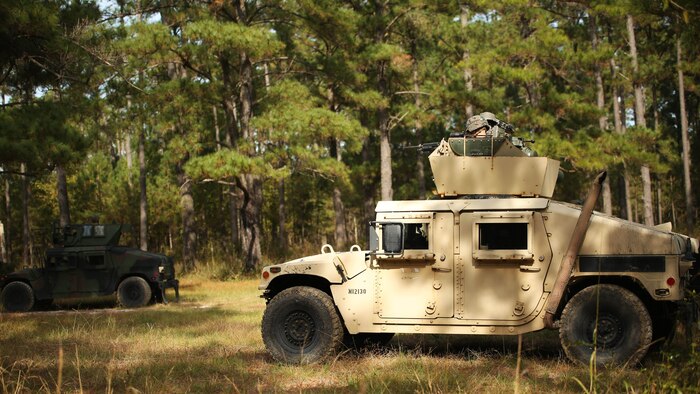 Marines with Combined Anti-Armor Team, 3rd Battalion, 2nd Marine Regiment, conduct patrols during a patrol training exercise at Marine Corps Base Camp Lejeune, North Carolina, Nov. 16, 2015. The unit practiced patrolling techniques both on foot and mounted in Humvees in preparation for their upcoming deployment to Okinawa, Japan.