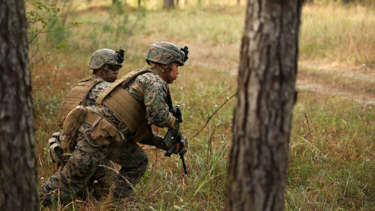 Marines with Combined Anti-Armor Team, 3rd Battalion, 2nd Marine Regiment, secure a position during a patrol training exercise at Marine Corps Base Camp Lejeune, North Carolina, Nov. 16, 2015. The unit practiced patrolling techniques both on foot and mounted in Humvees in preparation for their upcoming deployment to Okinawa, Japan. 
