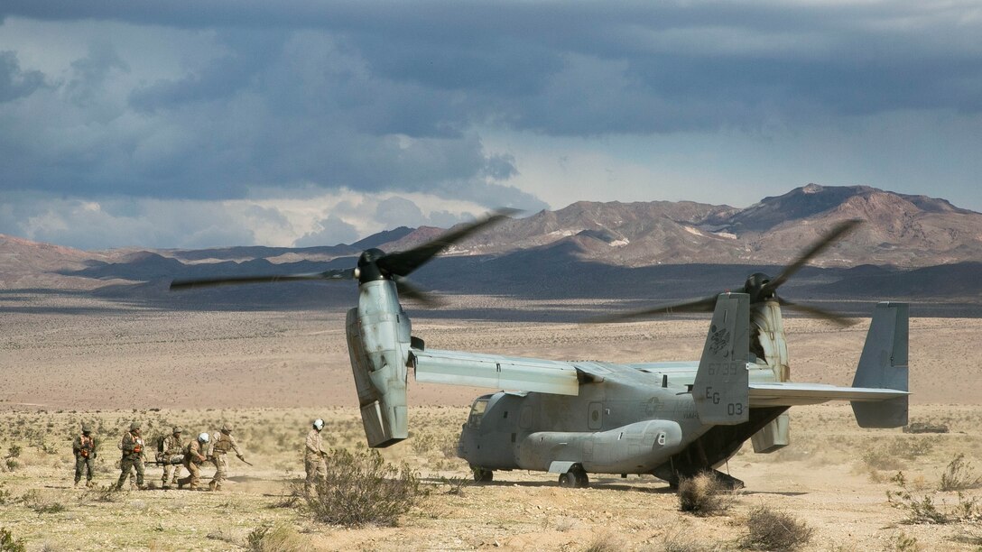 Marines with the Marine Air-Ground Task Force load a simulated casualty on to a waiting MV-22 Osprey during Integrated Training Exercise 1-16 aboard Marine Corps Air Ground Combat Center, Twentynine Palms, California, Oct. 23-Nov. 15, 2015. The Aviation Combat Element provides additional mobility, reconnaissance and firepower capabilities to the MAGTF.