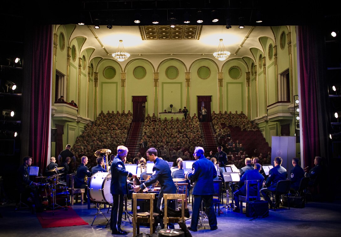 The U.S. Air Forces in Europe Band takes the stage before an audience of Georgian soldiers in Gori, Georgia, Oct. 15, 2015. From Oct. 15-19, 33 bandsmen from the U.S. Air Forces in Europe Band traveled to the Republic of Georgia for several events, including performing in the First International Military Bands Festival in Tbilisi. This is the first time in nearly 10 years that the USAFE Band has traveled to conduct a mission in Georgia. Georgia and the U.S. are military partners and engagements like these help to further strengthen the bonds between the two nations. (U.S. Air Force photo/ Tech. Sgt. Ryan Crane)