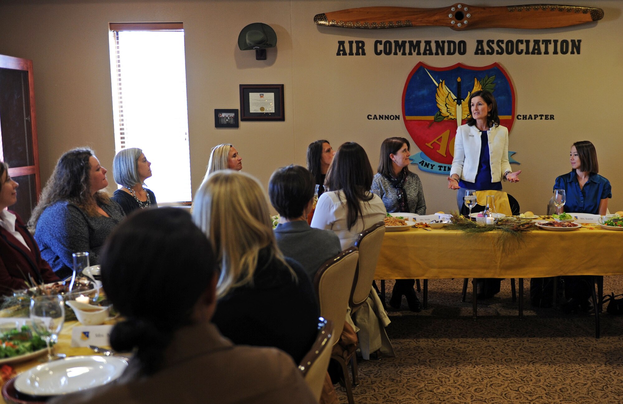 Betty Welsh, wife of Air Force Chief of Staff Gen. Mark A. Welsh III, speaks to spouses during a luncheon Nov. 17, 2015, at Cannon Air Force Base, N.M. During her visit, Betty Welsh engaged in quality of life and Preservation of the Force and Family discussions. (U.S. Air Force photo/Staff Sgt. Whitney Amstutz)