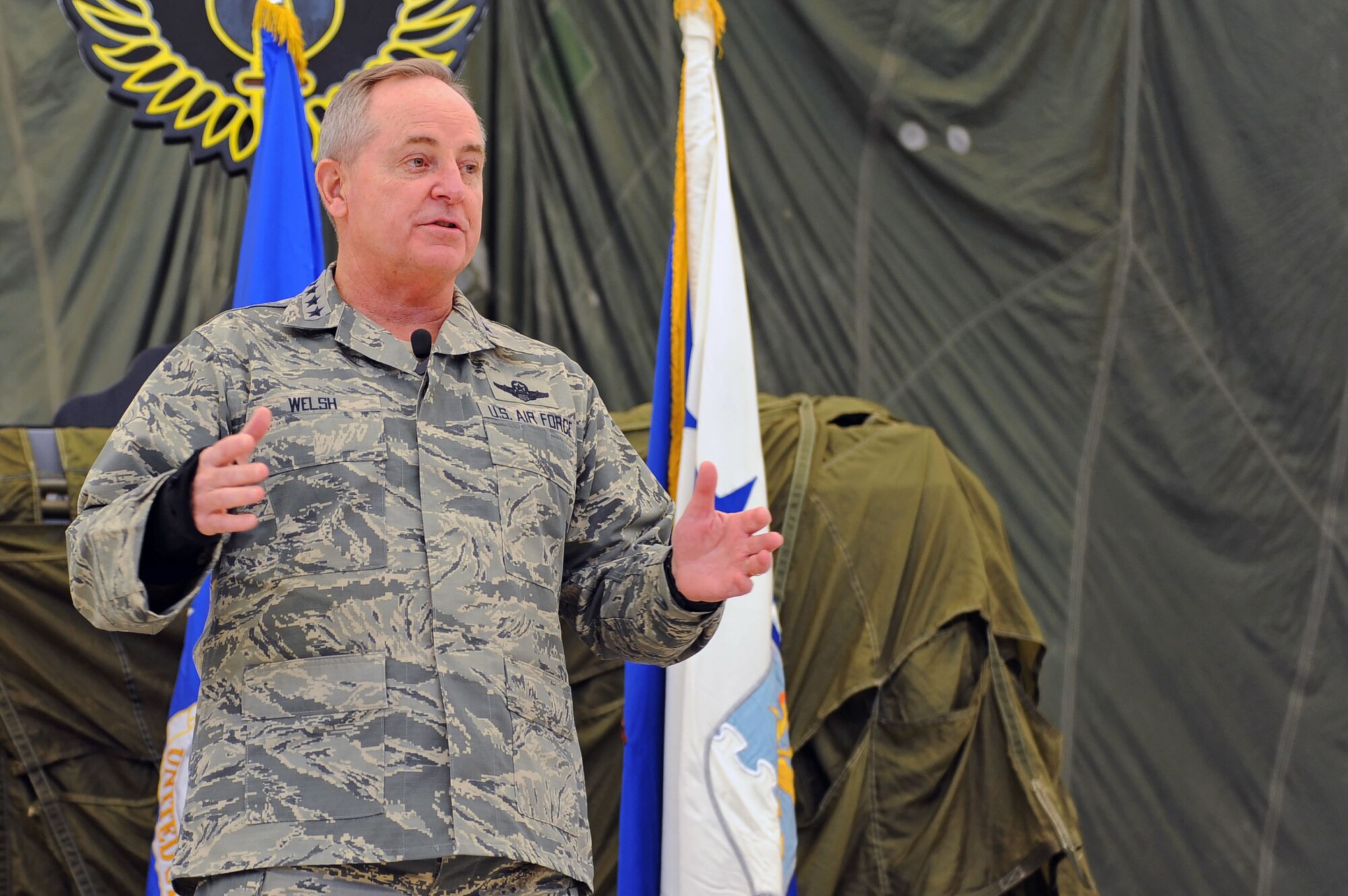 Air Force Chief of Staff Gen. Mark A. Welsh III addresses air commandos and local leadership during an all call Nov. 17, 2015, at Cannon Air Force Base, N.M. Welsh spoke about the value of communication, common sense and caring for one another, and fielded questions pertaining to foreign policy and the future of the remotely piloted aircraft community. (U.S. Air Force photo/Staff Sgt. Whitney Amstutz)