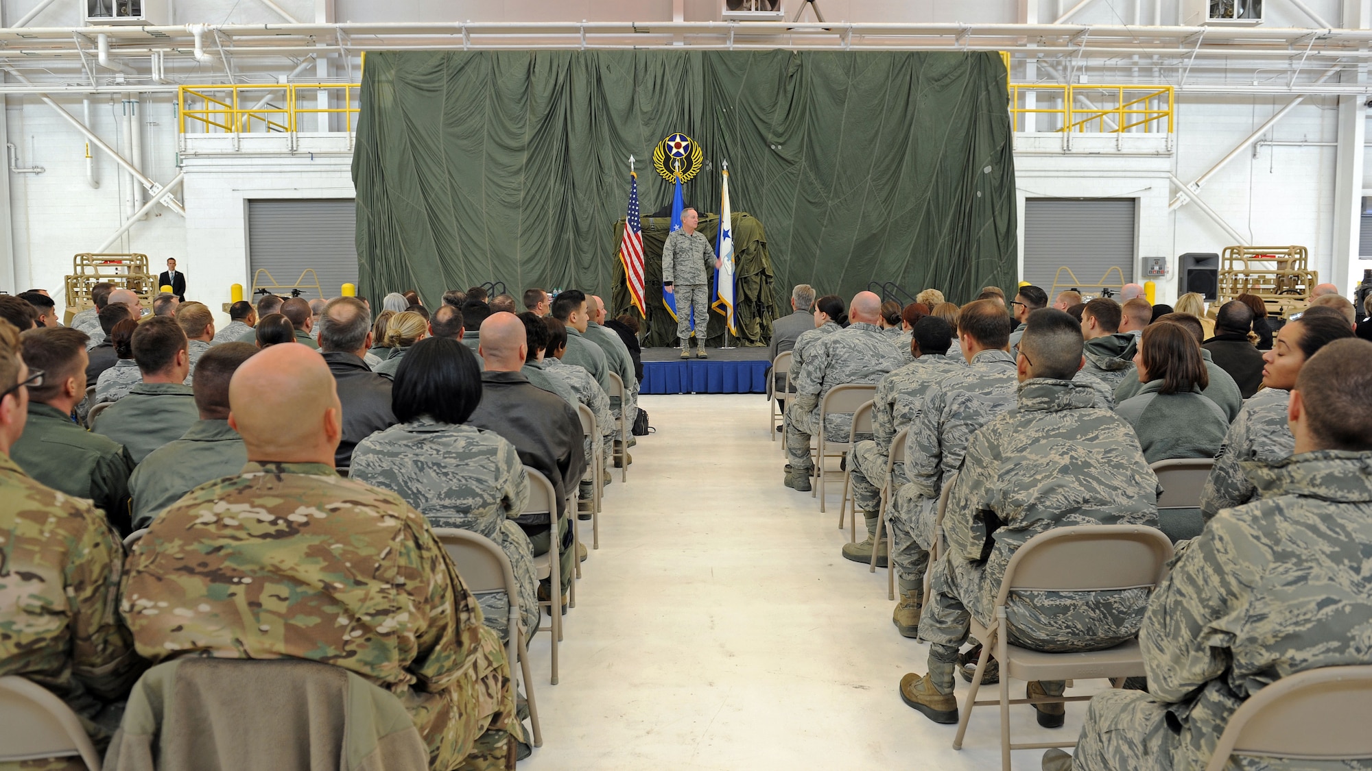 Air Force Chief of Staff Gen. Mark A. Welsh III addresses air commandos and local leadership during an all call Nov. 17, 2015, at Cannon Air Force Base, N.M. Welsh spoke about the value of communication, common sense and caring for one another, and fielded questions pertaining to foreign policy and the future of the remotely piloted aircraft community. (U.S. Air Force photo/Staff Sgt. Whitney Amstutz)
