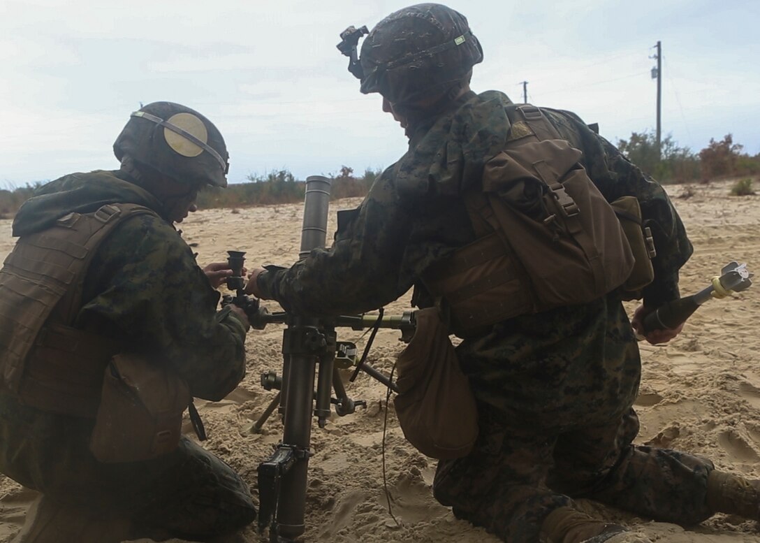 Marines with 3rd Battalion, 6th Marine Regiment, make adjustments to the fire direction of the 60mm mortar during a live-fire training range at Camp Lejeune, N.C., Nov. 19, 2015. Despite heavy rainfall and wind, the Marines completed the mortar shoot in order to retain and refine their skills with the weapons system and prove they could complete a fire mission under any conditions. (U.S. Marine Corps photo by Cpl. Michelle Reif/Released.) 