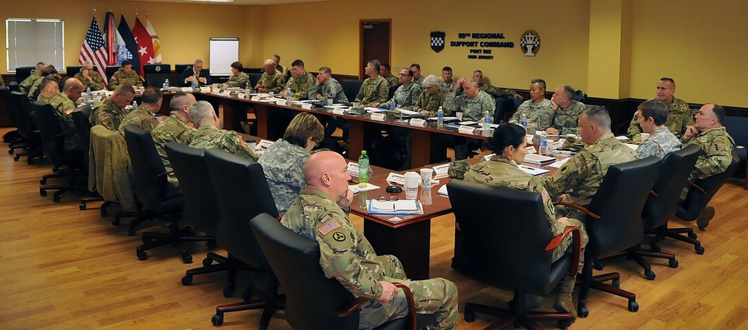 One-Star and Two-Star Commanders meet with Lt. Gen. Jeffrey Talley, Chief of Army Reserve and Commanding General USARC, at a Commander's Huddle Nov. 18 at the 99th Regional Support Command's Headquarters. The purpose of the huddle was to enhance working relationships among Army Reserve Senior Commanders and Lt. Gen. Talley.