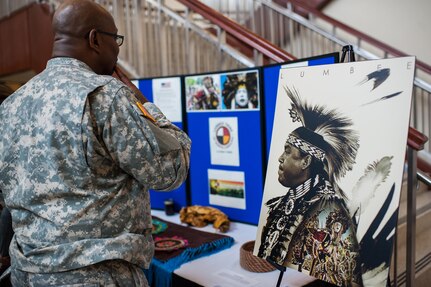 There were many displays and artifacts featuring Native American history during the U.S. Army Forces Command and U.S. Army Reserve Command National American Indian Heritage event, hosted by both command's Equal Opportunity directorates, at the U.S. Army Forces Command and U.S. Army Reserve Command headquarters, Nov. 18, 2015. The event also recognized three members of the Lumbee Tribe of North Carolina, the tribe's contributions to America and the nation's history. (U.S. Army photo by Timothy L. Hale/Released)