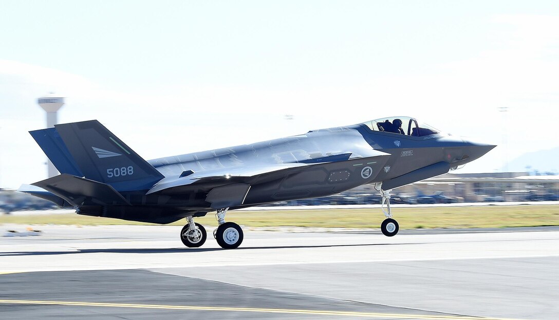 A Norwegian F-35 Lightning II lands at Luke Air Force Base, Arizona on November 10, 2015. The jet marks the scheduled arrival of the first of two F-35s for the Norwegian air force making Norway the newest partner in the international F-35 joint-partnership program here at Luke. (U.S. Air Force photo by Staff Sgt. Marcy Copeland)