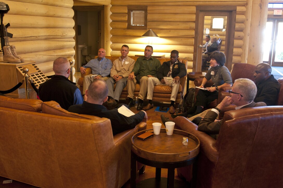 U.S. Army Reserve senior leaders with the 412th Theater Engineer Command, meet in a small group during a breakout session of the second 412th TEC Senior Leader Development Training, Nov. 13 to 15 at Camp Atterbury, Ind. (U.S. Army photo by Staff Sgt. Debralee Best)