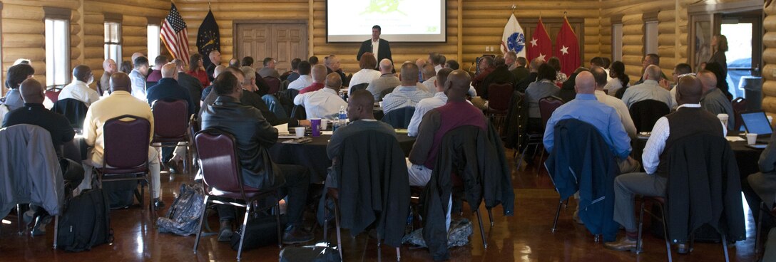 U.S. Army Reserve Maj. Gen. Tracy A. Thompson, commanding general, 412th Theater Engineer Command, speaks to attendees of the second 412th TEC Senior Leader Development Training, Nov. 13 to 15 at Camp Atterbury, Ind. (U.S. Army photo by Staff Sgt. Debralee Best)