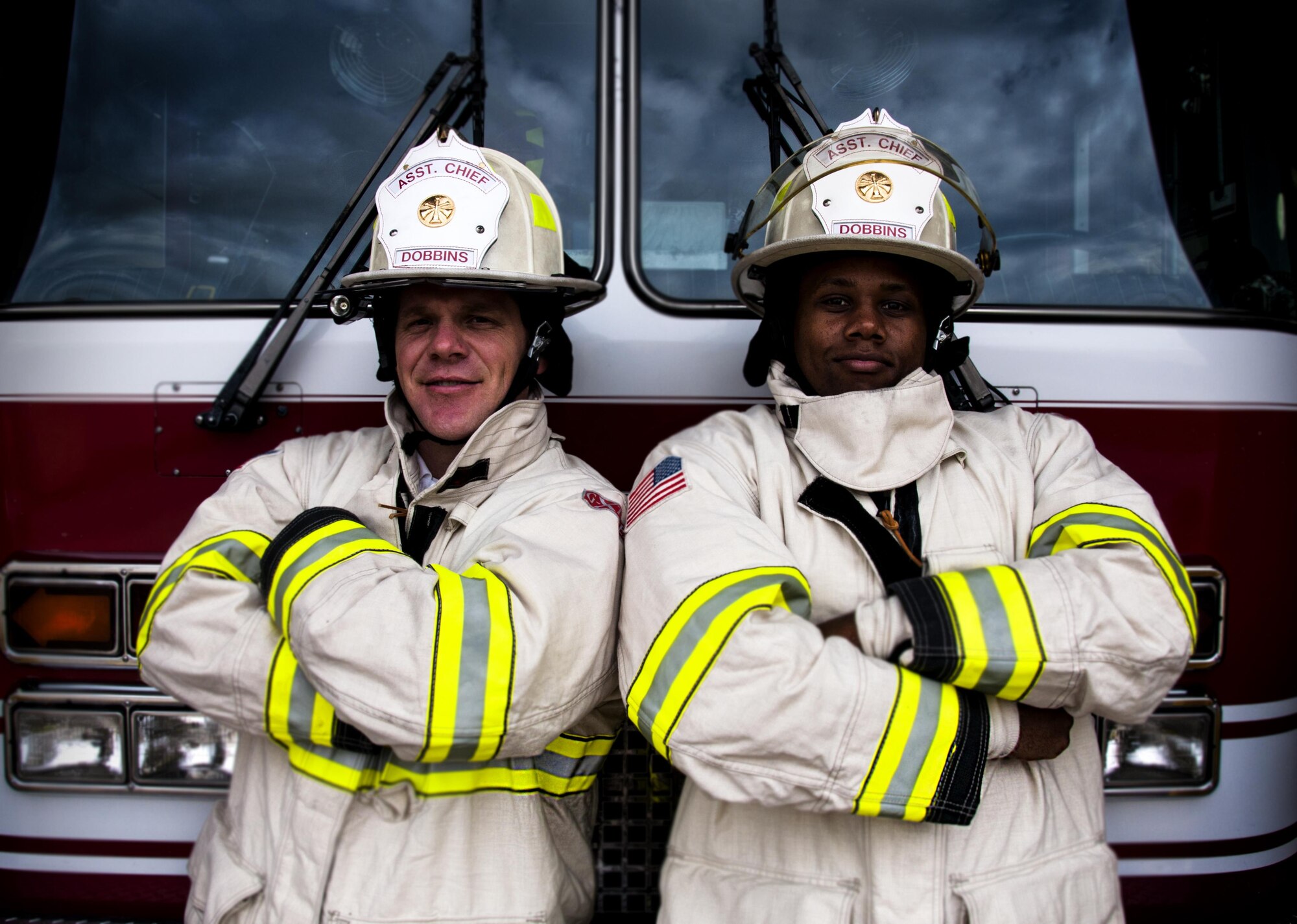 Kevin Moore and Dwight Moses, 94th Civil Engineer Squadron firefighter chiefs who have worked together on and off since technical school, are now stationed together at Dobbins Air Reserve Base, Ga. They have used their friendship and competitive natures to propel themselves through their careers. (U.S. Air Force photo/Staff Sgt. Daniel Phelps) 
