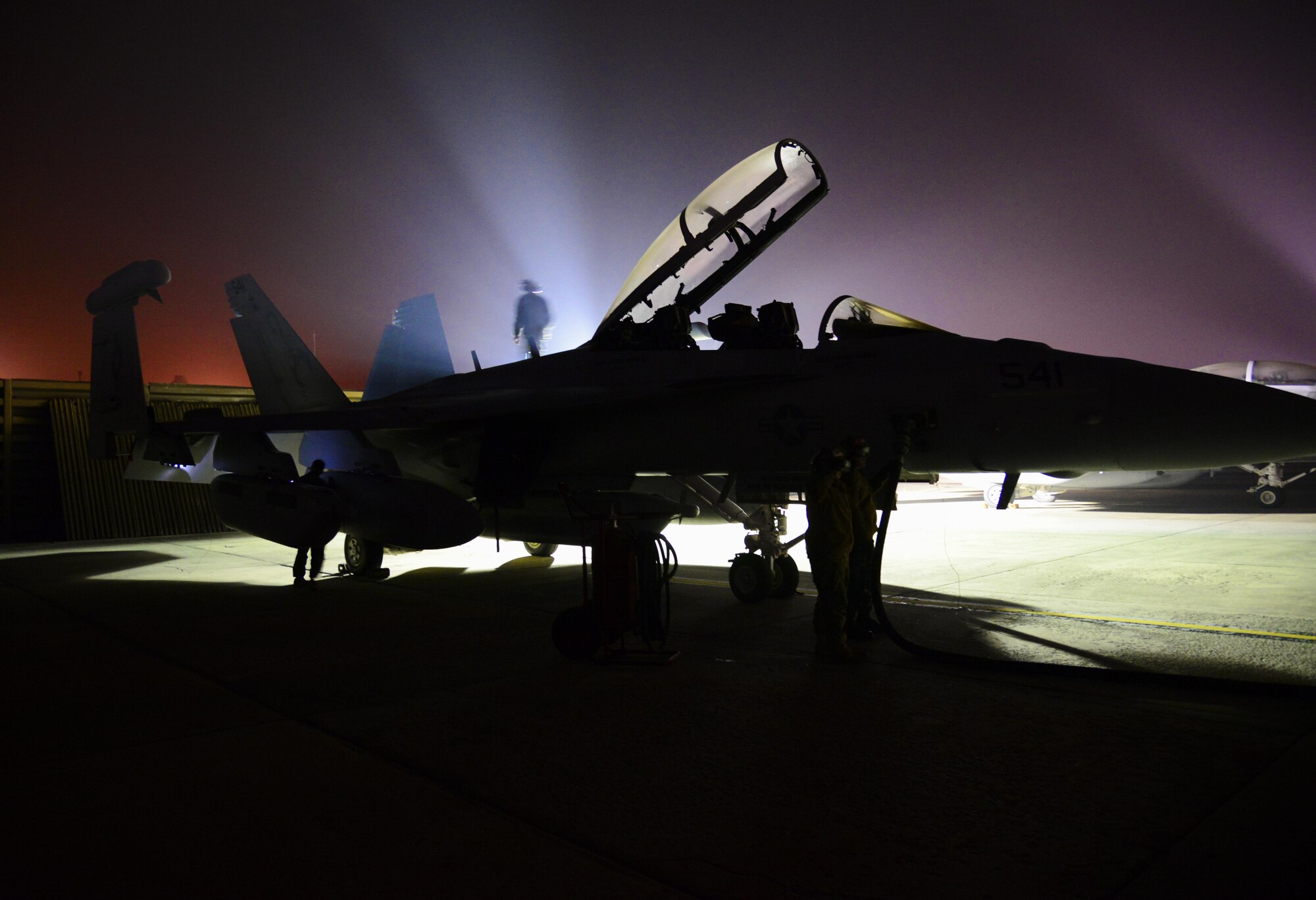 A Navy aviation electronics technician walks the spine of an EA-18G Growler as part of an inspection on the aircraft during exercise Vigilant Ace 16 at Osan Air Base, Republic of Korea, Nov. 4, 2015. The EA-18Gs are at Osan are from the Electronic Attack Squadron (VAQ) 132 at Naval Air Station Whidbey Island, Wash. The EA-18G's vast array of sensors and weapons provides the warfighter with a lethal and survivable weapon system to counter current and emerging threats. Exercise Vigilant Ace 16 is a large-scale exercise designed to enhance the interoperability of the U.S. and Republic of Korea forces. (U.S. Air Force photo/Tech. Sgt. Travis Edwards)