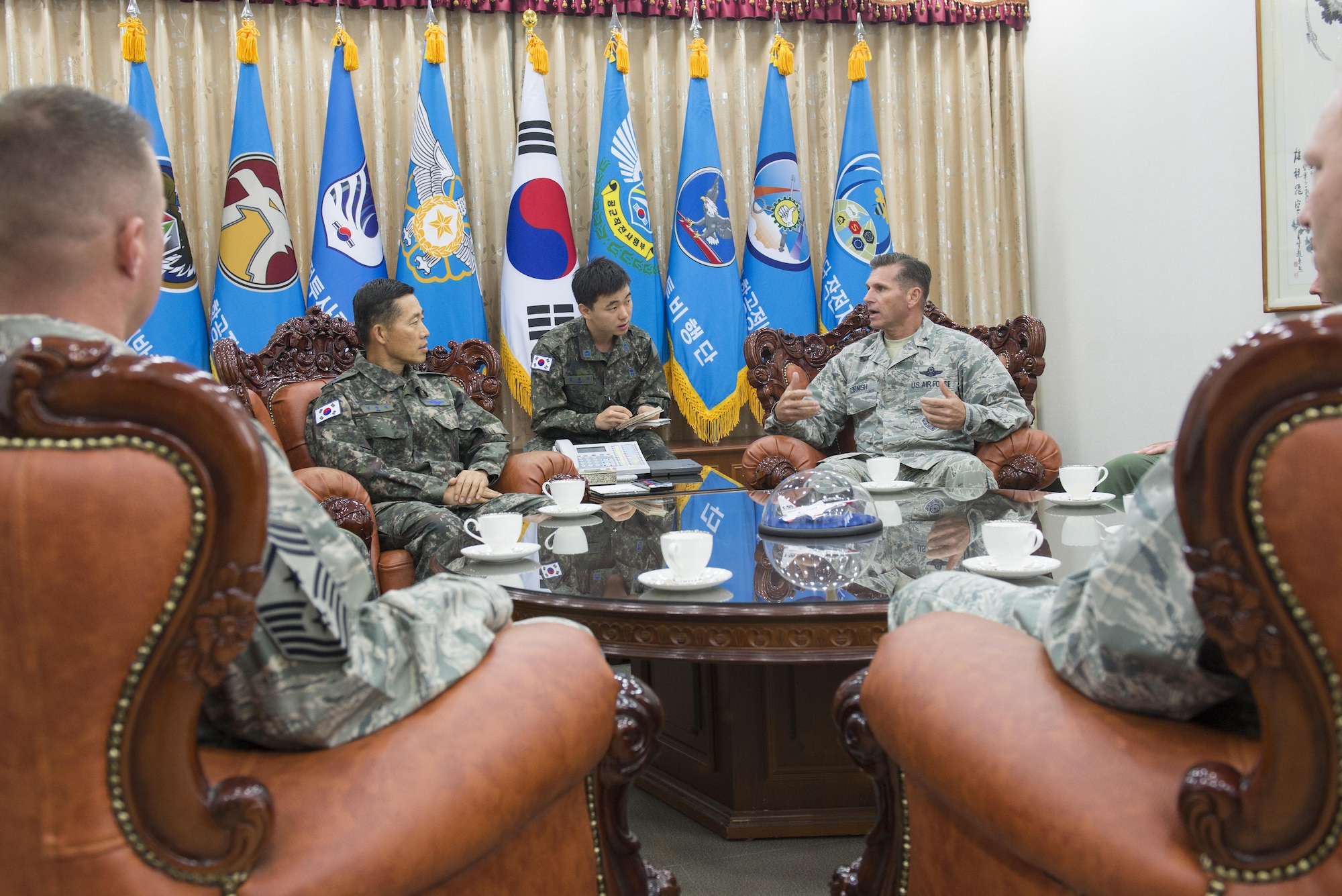 U.S. Air Force Brig. Gen. Barry Cornish, 18th Wing commander, meets with Republic of Korea Air Force Brig. Gen. Junsik Kim, 1st Fighter Wing commander, about Kadena’s role and mission impact during exercise Vigilant Ace 16 Nov. 5, 2015, at Gwangju Air Base, Republic of Korea. Vigilant Ace is a regularly scheduled exercise meant to increase familiarity between the ROKAF and U.S. militaries. As the ‘Keystone’ of the Pacific, Kadena’s Airmen help ensure peace, security and stability in the Northeast Asia region. (U.S. Air Force photo by Senior Airman Omari Bernard/Released)