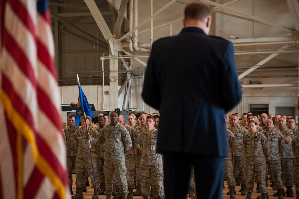 Airmen assigned to the 307th Maintenance Group (MXG) stand in formation during a Commander’s Call on Nov. 8, 2015, Barksdale Air Force Base, La. U.S. Air Force Lt. Col. Leo Kamphaus, 307th MXG commander, presented medal citations to deserving Airmen and recognized those who have excelled in other areas throughout the Group. (U.S. Air Force photo by Master Sgt. Greg Steele/Released)