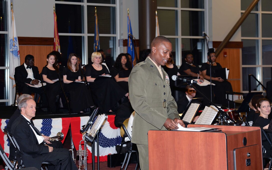 Lt. Col. Nathaniel Robinson, executive officer, Marine Corps Logistics Base Albany, speaks during the Veterans Day ceremony at Darton State College, Albany, Georgia, Nov. 10.  