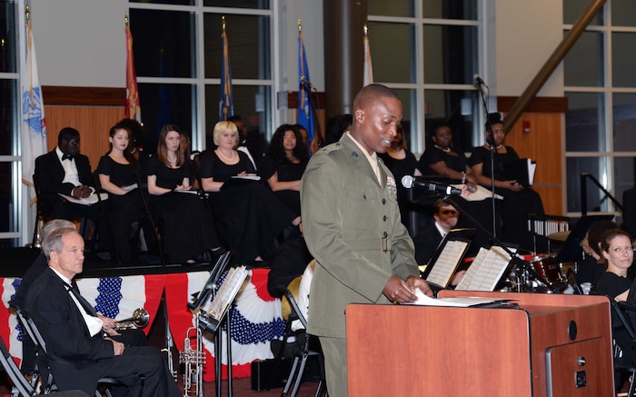 Lt. Col. Nathaniel Robinson, executive officer, Marine Corps Logistics Base Albany, speaks during the Veterans Day ceremony at Darton State College, Albany, Georgia, Nov. 10.  