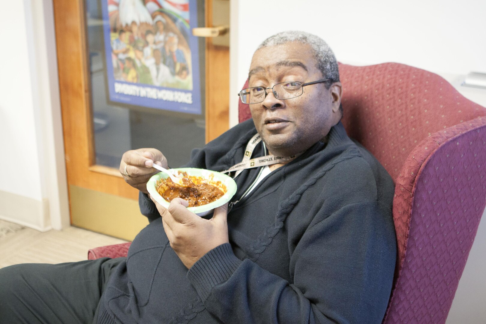 David Harris, DLA Distribution Current Operation, enjoys a bowl of chili during the chili cook off. “This is my best chili ever,” he says while wiping the sweat away.