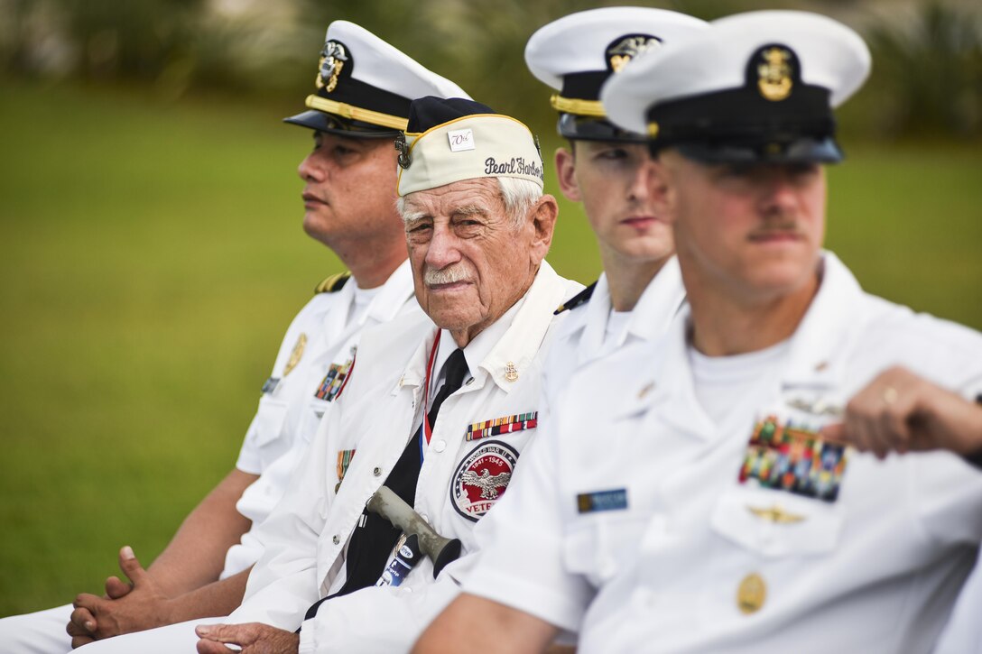 Pearl Harbor survivor, Delton E. Walling, attends the Pearl Harbor Colors, Honors and Heritage Ceremony at the World War II Valor in the Pacific National Monument, Hawaii, Nov. 19, 2015. The ceremony is held once a month to honor the sacrifices of our armed forces, both those serving now and those have served. 