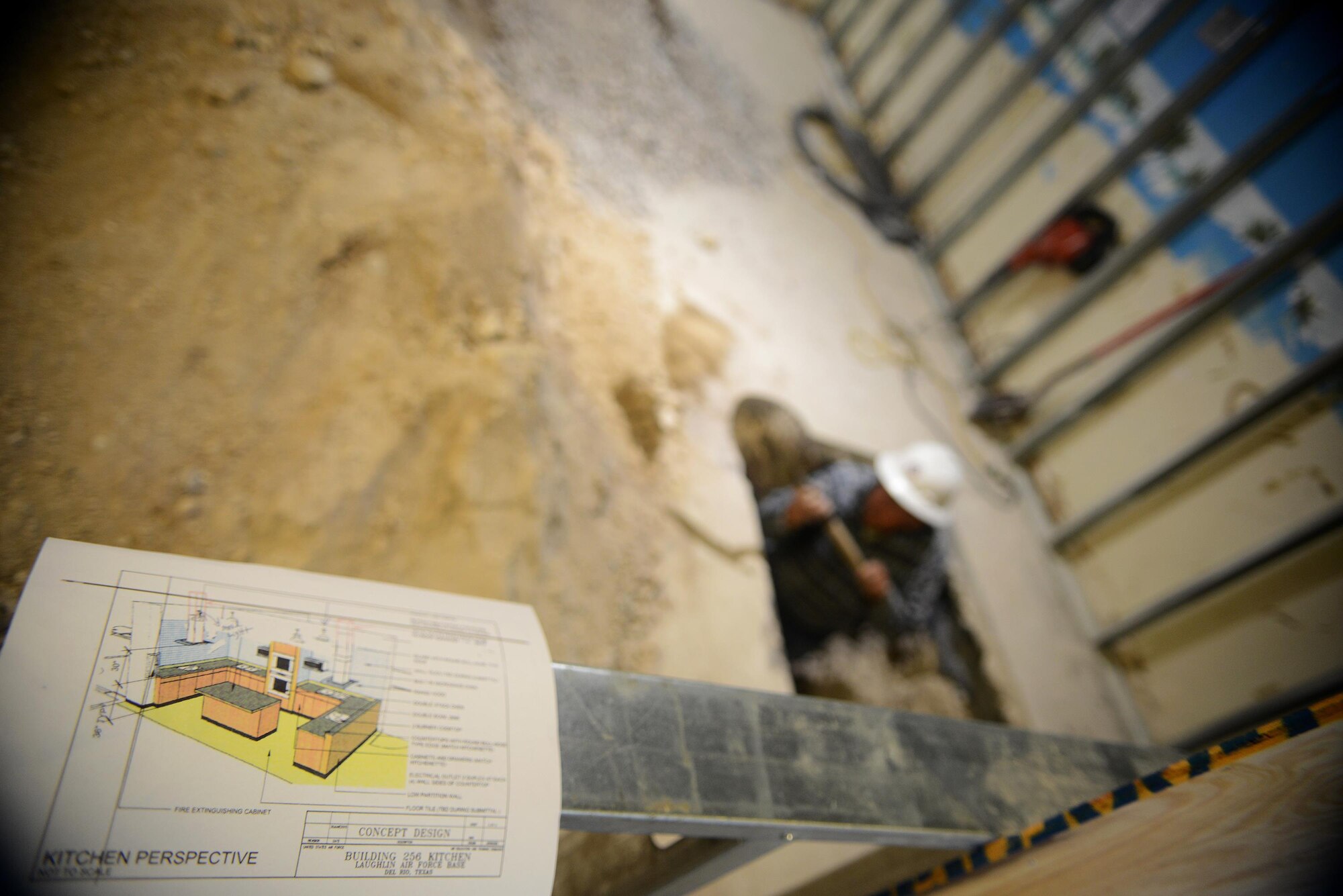 Renovations begin for Laughlin’s enlisted dormitories’ dayroom to turn what once was a dayroom into an expanded kitchen at Laughlin Air Force Base, Texas, Nov. 19, 2015. Recently one of the two dormitories closed, leaving only one open kitchen available for residents. The project’s goal is to provide more room and kitchen appliances for Airmen. (U.S. Air Force photo by Airman 1st Class Ariel D. Partlow)