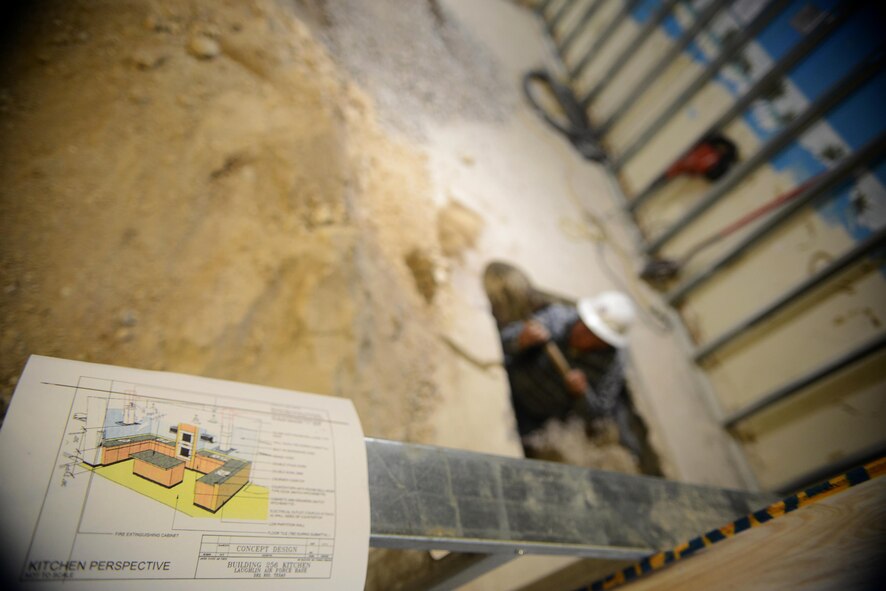 Renovations begin for Laughlin’s enlisted dormitories’ dayroom to turn what once was a dayroom into an expanded kitchen at Laughlin Air Force Base, Texas, Nov. 19, 2015. Recently one of the two dormitories closed, leaving only one open kitchen available for residents. The project’s goal is to provide more room and kitchen appliances for Airmen. (U.S. Air Force photo by Airman 1st Class Ariel D. Partlow)