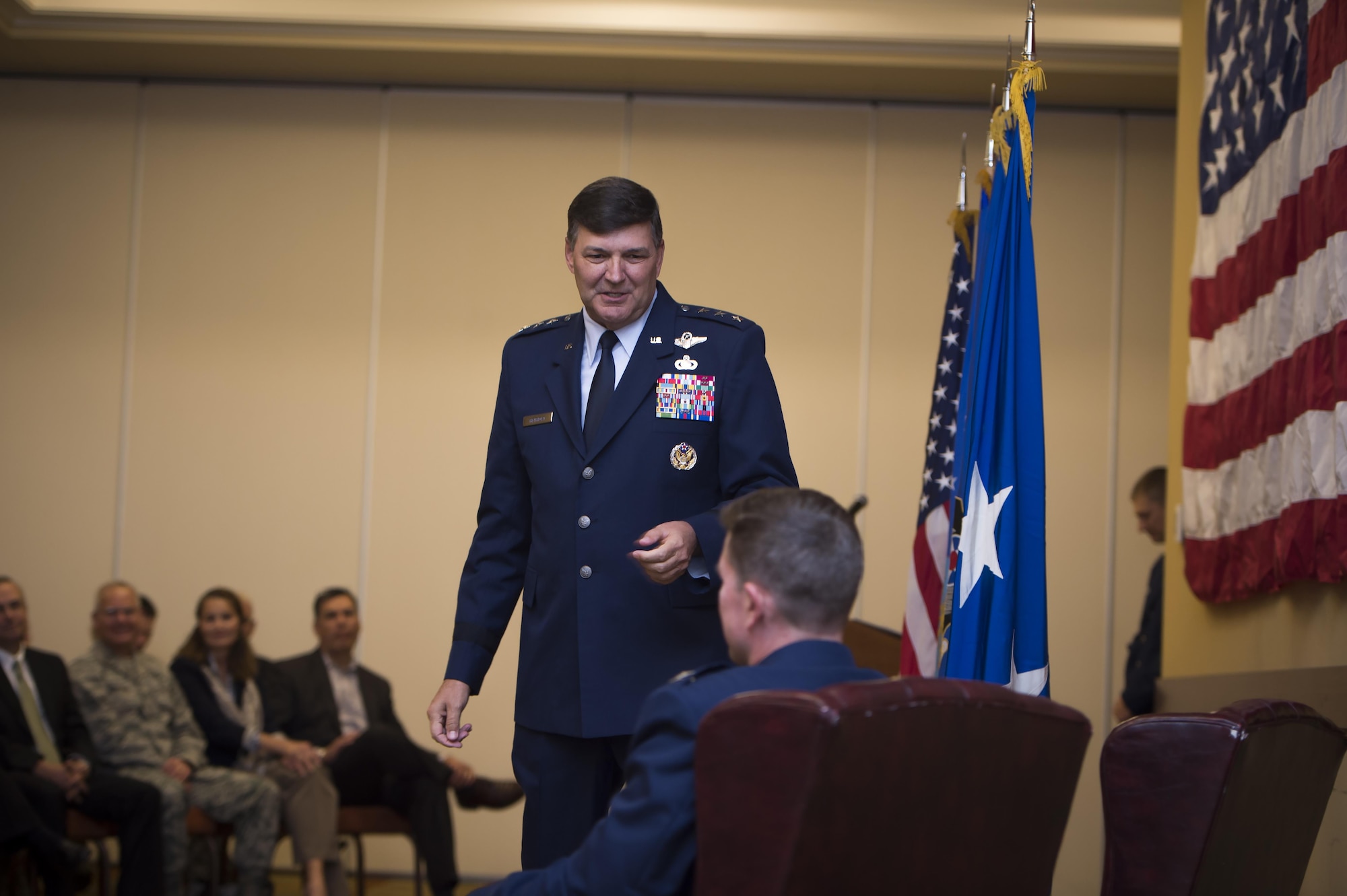 Lt. Gen. Brad Heithold, Air Force Special Operations Command commander, speaks during a retirement ceremony at the Soundside Club onHurlburt Field, Fla., Nov. 20, 2015. The retirement ceremony was held in honor of Col. Ted Corallo, who has logged more than 3,600 flying hours in his career and spent the last 18 months as the AFSOC chief of staff. (U.S. Air Force photo by Senior Airman Christopher Callaway)