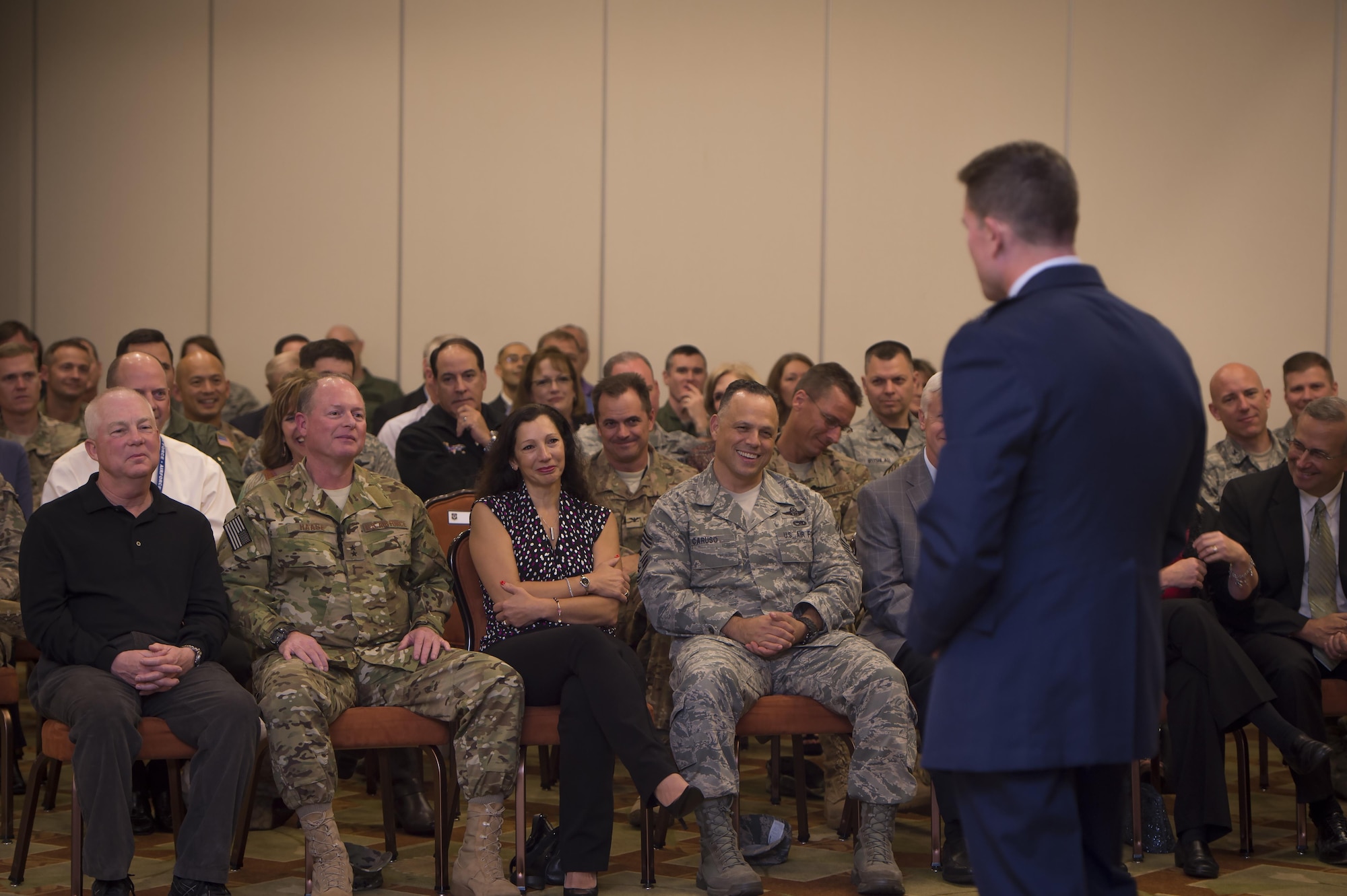 Col. Ted Corallo, Air Force Special Operations Command chief of staff, speaks during his retirement ceremony at the Soundside Club onHurlburt Field, Fla., Nov. 20, 2015. Corallo logged more than 3,600 flying hours in his career, andserved as the AFSOC chief of staff for the last 18 months. (U.S. Air Force photo by Senior Airman Christopher Callaway) 