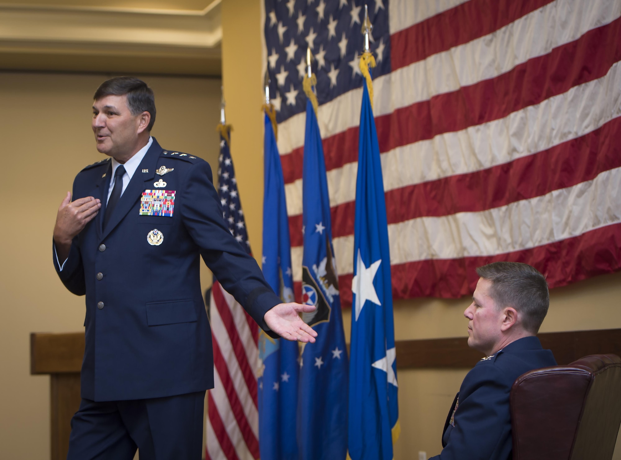 Lt. Gen. Brad Heithold, Air Force Special Operations Command commander, speaks during a retirement ceremony at the Soundside Club onHurlburt Field, Fla., Nov. 20, 2015. The retirement ceremony was held in honor of Col. Ted Corallo, who has logged more than 3,600 flying hours in his career and spent the last 18 months as the AFSOC chief of staff. (U.S. Air Force photo by Senior Airman Christopher Callaway)