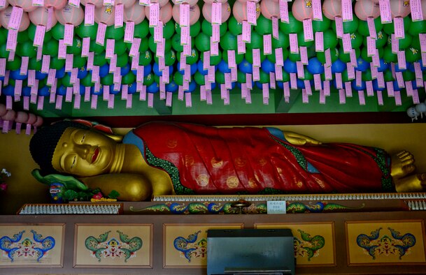 Waujeongsa Buddhist Temple, more commonly known as Wawoojeong Temple, is the youngest temple in South Korea, located about a 10 minute drive from Yongin and approximately two hours west of Osan AB. The temple is home to the world’s largest Wabul, reclining Buddha, at 10 feet high and 32 feet long and has more than 3,000 other Buddha statues. The area offers vibrant scenery and architecture along with peaceful trails and lush surroundings. (U.S. Air Force photo/Senior Airman Kristin High)