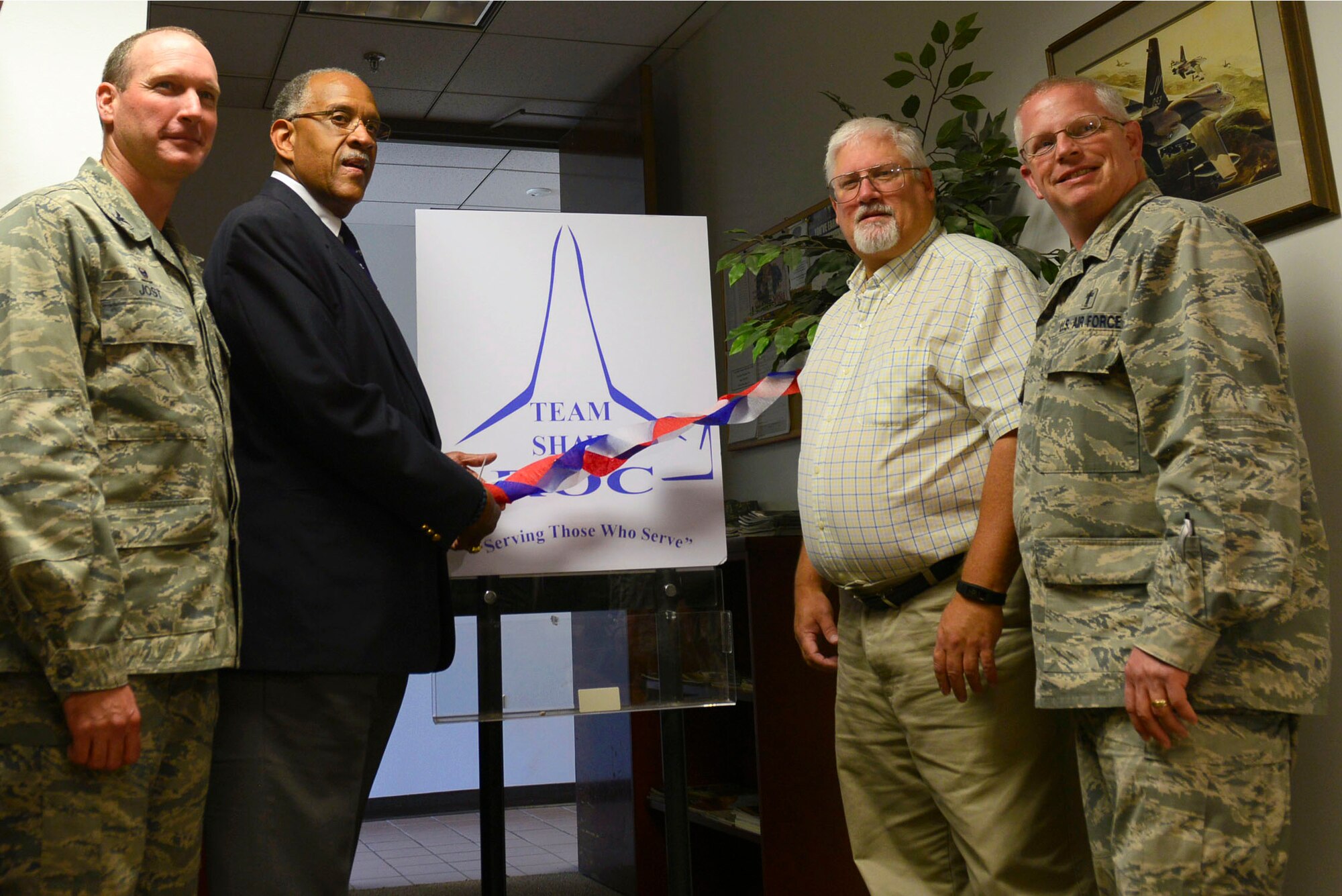 From left U.S. Air Force Col. Stephen Jost, 20th Fighter Wing commander, South Carolina State Guard Col. William Oden, cyber security and intelligence deputy commander, Edward Haldeman, retirees activities office director, and Chaplain (Maj.) Richard Holmes, 20th FW deputy wing chaplain, attend the kick off for the Retirees on Call (ROC) program at Shaw Air Force Base, S.C., Nov. 20, 2015. ROC is a program that gives retirees the opportunity to give back to active duty service members on and off base, by providing numerous services. (U.S. Air Force photo by Airman 1st Class Christopher Maldonado)