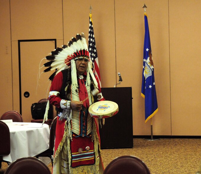 Lucky Preston performs a song during an American Indian Heritage Month event Nov. 19, 2015, at Beale Air Force Base, California. In 1990, President George H. W. Bush approved a joint resolution designating November, National American Indian Heritage Month. Similar proclamations, under variants on the name (including Native American Heritage Month and National American Indian and Alaska Native Heritage Month) have been issued each year since 1994. (U.S. Air Force photo by Staff Sgt. Zachary Vucic)