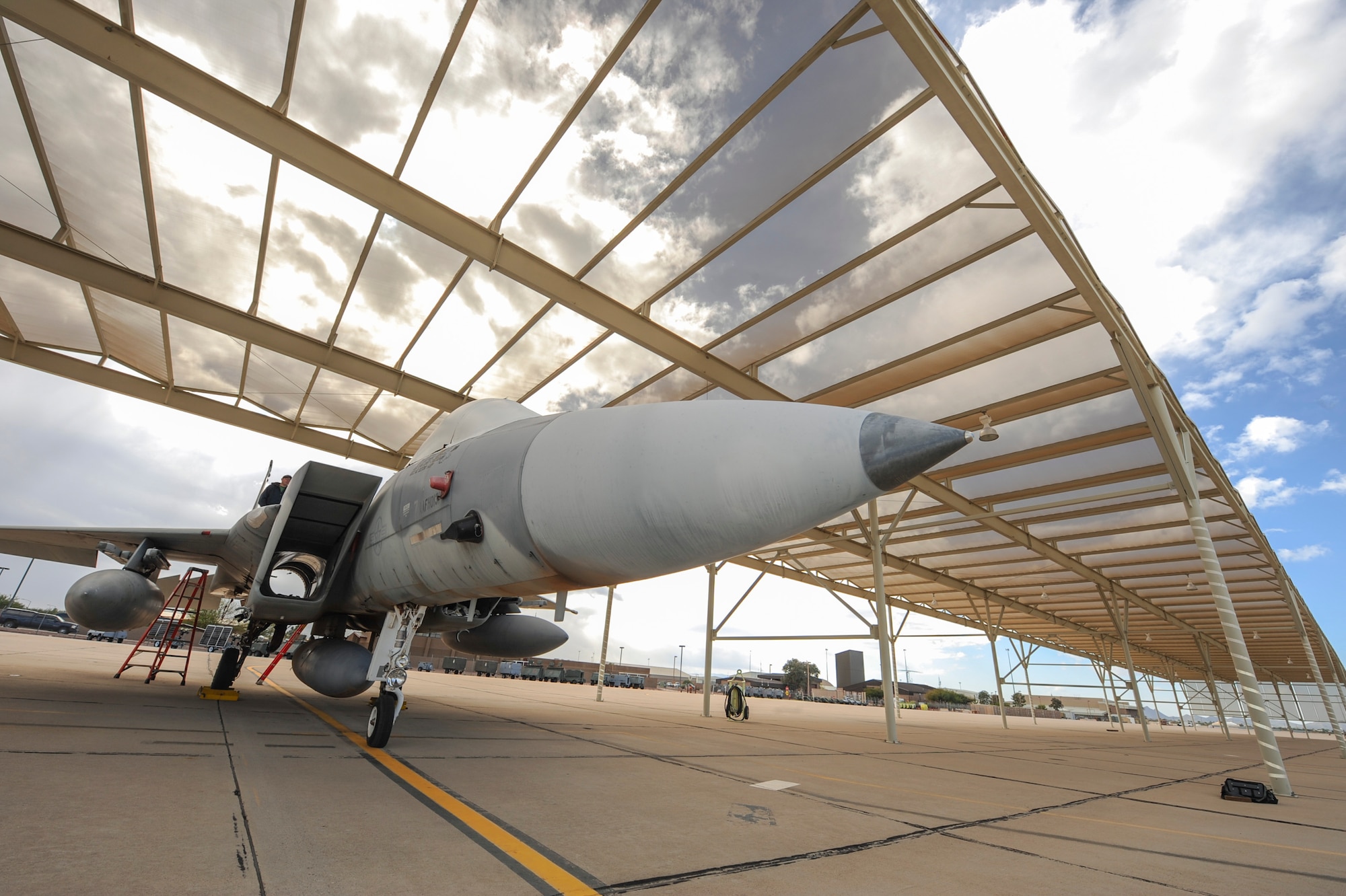 A U.S. Air Force F-15A Eagle awaits disassembly on the flightline at Davis-Monthan Air Force Base, Ariz., Nov. 16, 2015. The F-15A was assigned to the 412th Test Wing at Edwards AFB, Calif., and transferred to the 309th Aerospace Maintenance and Regeneration Group in December 2004. (U.S. Air Force photo by Airman Basic Nathan H. Barbour/Released)