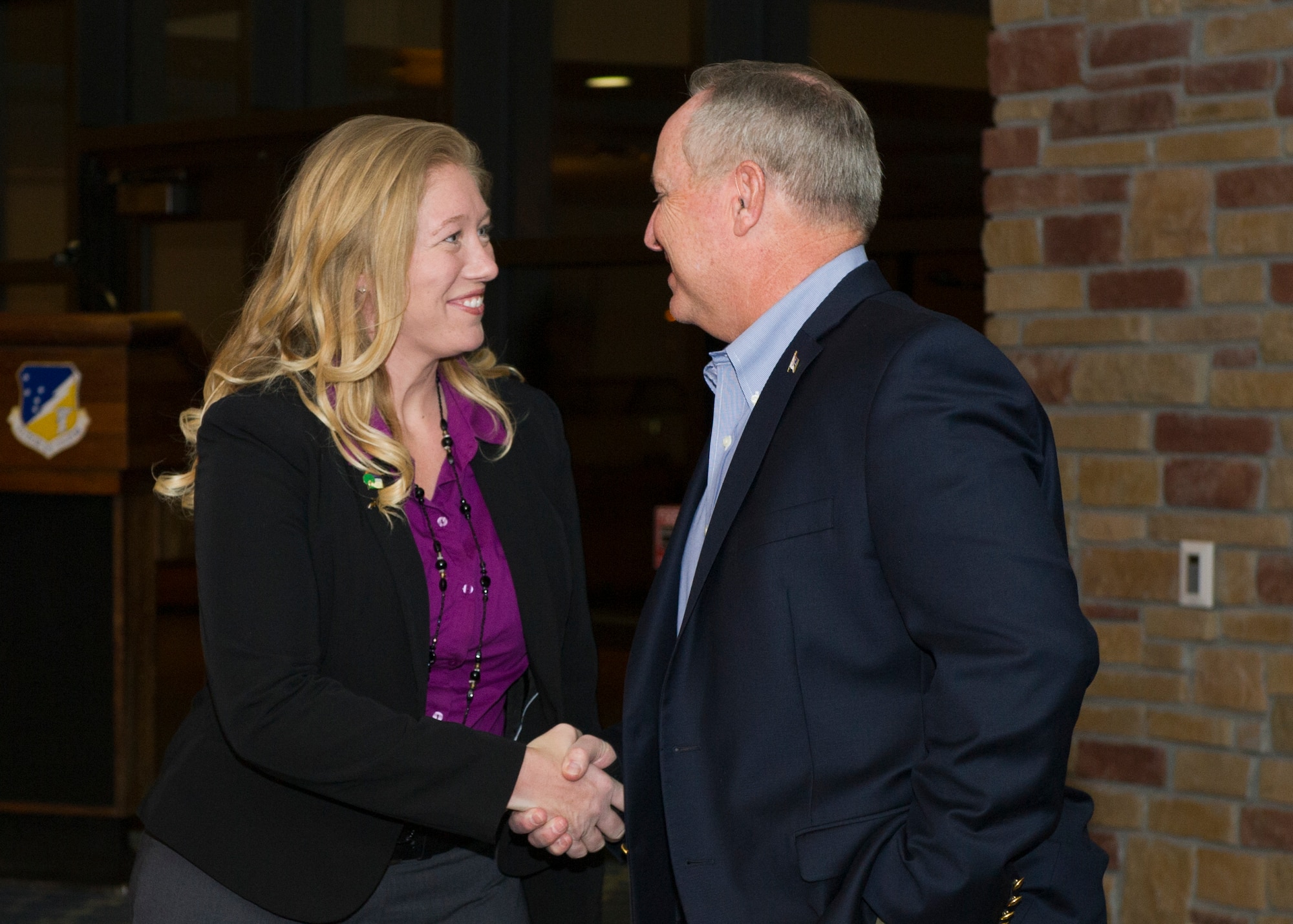 Air Force Chief of Staff Gen. Mark A. Welsh lll greets Susie Galea, Mayor of Alamogordo, New Mexico, before the civic leader dinner at Holloman Air Force Base, New Mexico on Nov. 16th. Welsh held the dinner to get to know the leaders of the community and learn how their support helps Team Holloman and its mission every day. He also had the opportunity to tour Holloman and review Air Force needs, requirements and investments with a sustained focus on successes and challenges Airmen face today. Welsh was joined by his wife, Betty Welsh, who addressed top Air Force issues such as suicide prevention, resiliency, exceptional family member programs and sexual assault. (U.S. Air Force photo by Senior Airman Leah Ferrante)

