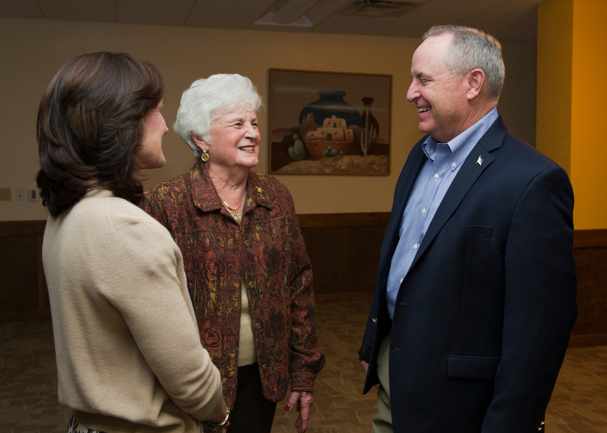 Air Force Chief of Staff Gen. Mark A. Welsh lll greets Toots Green, a Holloman Wingman, before the civic leader dinner at Holloman Air Force Base, New Mexico on Nov. 16th. Welsh held the dinner to get to know the leaders of the community and learn how their support helps Team Holloman and its mission every day. His visit also included a tour of the base facilities and the different squadrons here. His base-wide brief focused on future plans for the Air Force, including providing opportunities for the Remotely Piloted Aircraft career fields. (U.S. Air Force photo by Senior Airman Leah Ferrante)