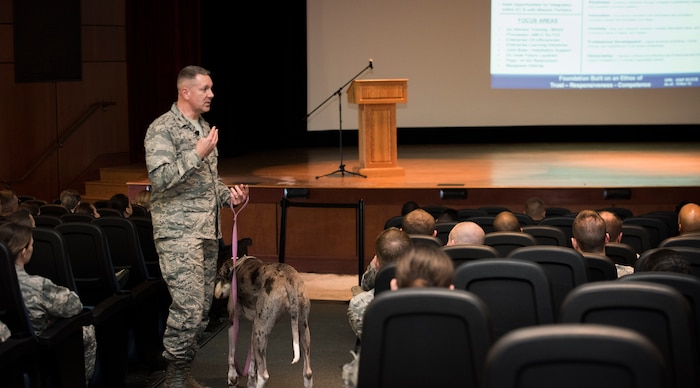 Col. Robert Lyman, Joint Base Charleston commander, speaks during a commander's call Nov. 20, 2015, at the base theater on JB Charleston -- Air Base, S.C. 