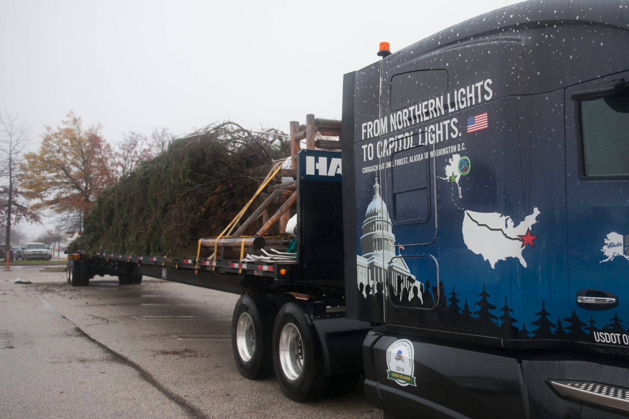 The 2015 Capitol Christmas Tree is displayed on a specially designed trailer Nov. 19, 2015, at Joint Base Andrews, Md. This year’s Capitol Christmas Tree is 74 feet tall and is a Lutz Spruce. This year’s Capitol Christmas Tree is 74 feet tall and is a Lutz Spruce. It stopped 14 times on the trip, from Chugach National Forest in Seward, Alaska, to JBA. Its final destination is outside the U.S. Capitol building. (U.S. Air Force photo by Senior Airman Dylan Nuckolls/Released)