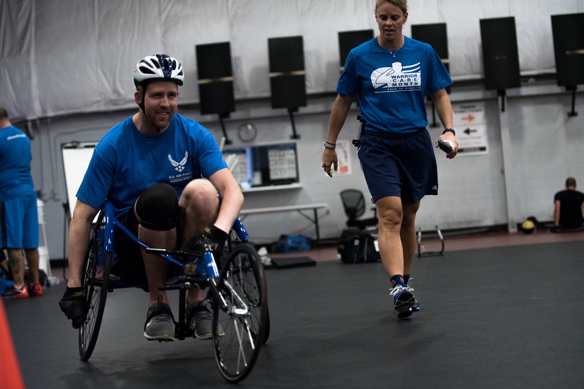 Retired Staff Sgt. Garrett Pope, from Washington state, uses a racing wheel chair for the first time during the Northeast Region Warrior CARE Event at Joint Base Andrews, Md., Nov. 18, 2015. November is Warrior Care Month and dedicated to honoring wounded, ill and injured service members, their families and their caregivers. (U.S. Air Force photo/Airman 1st Class Philip Bryant)