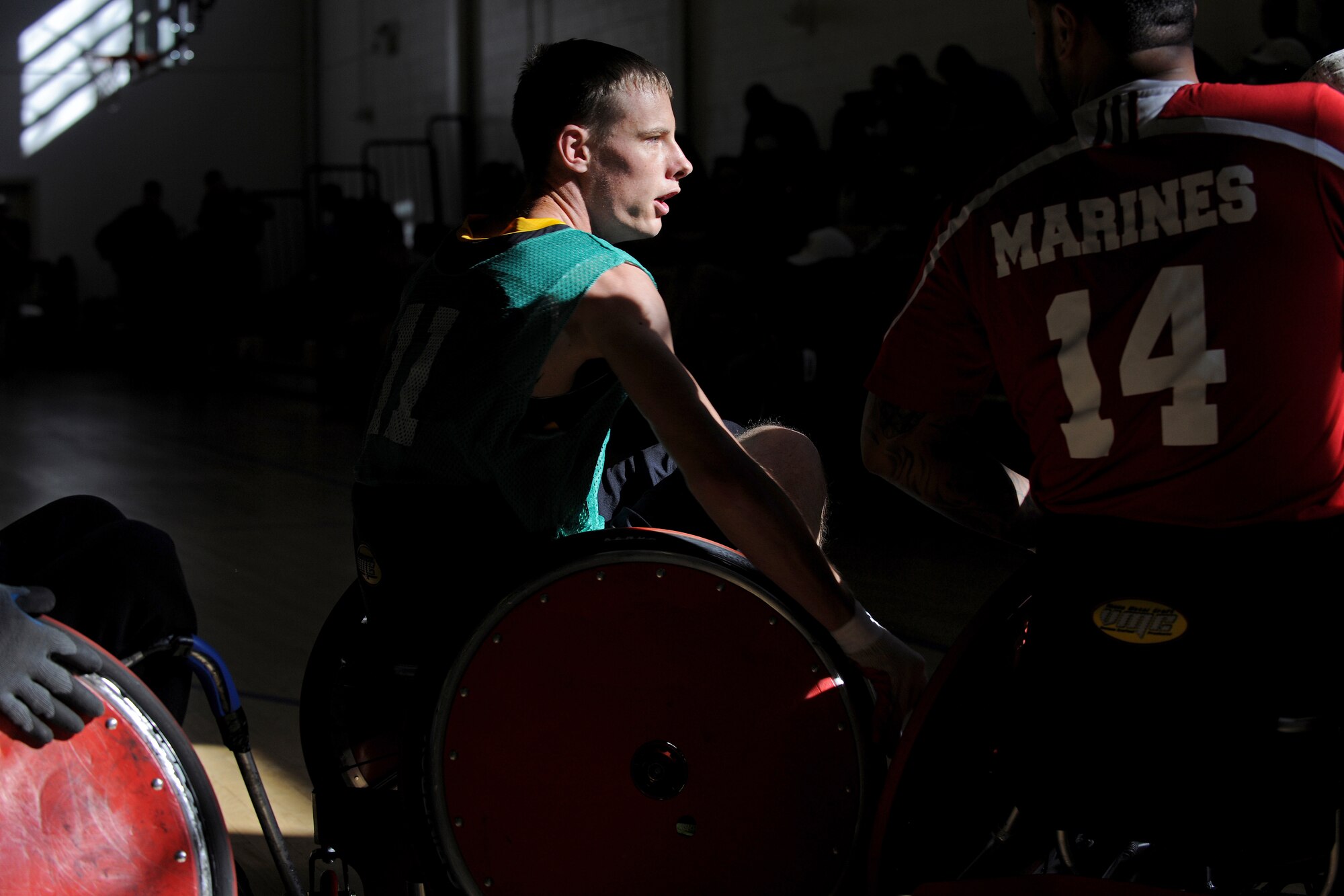 Wounded warriors practice wheelchair rugby during  the Northeast Region Warrior CARE Event at Joint Base Andrews, Md., Nov. 16. The event is in conjunction with Warrior Care Month, a month dedicated to honoring the courage, resilience and accomplishments of wounded, ill and injured service members, their families and their caregivers. (U.S. Air Force Photo/Tech. Sgt. Brian Ferguson)