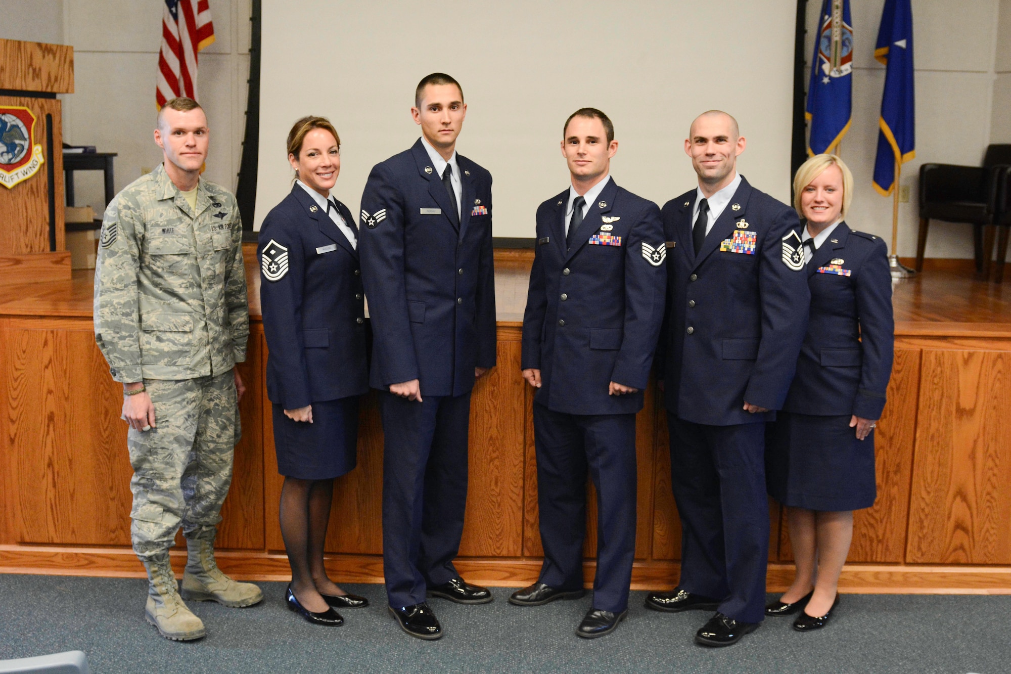 Airmen with the 139th Airlift Wing, Missouri Air National Guard, are recognized during an Airman of the Year ceremony at Rosecrans Air National Guard Base, Nov. 7, 2015.  (U.S. Air National Guard photo by Senior Airman Patrick P. Evenson/Released)