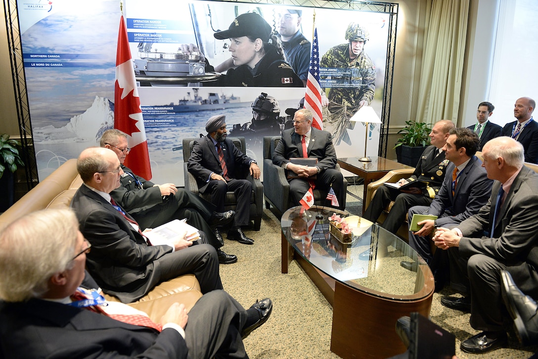 Deputy Defense Secretary Bob Work meets with Canadian Minister of National Defense Harjit Sajjan at the Halifax International Security Forum in Nova Scotia, Canda, Nov. 20, 2015. DoD photo by U.S. Army Sgt. 1st Class Clydell Kinchen
