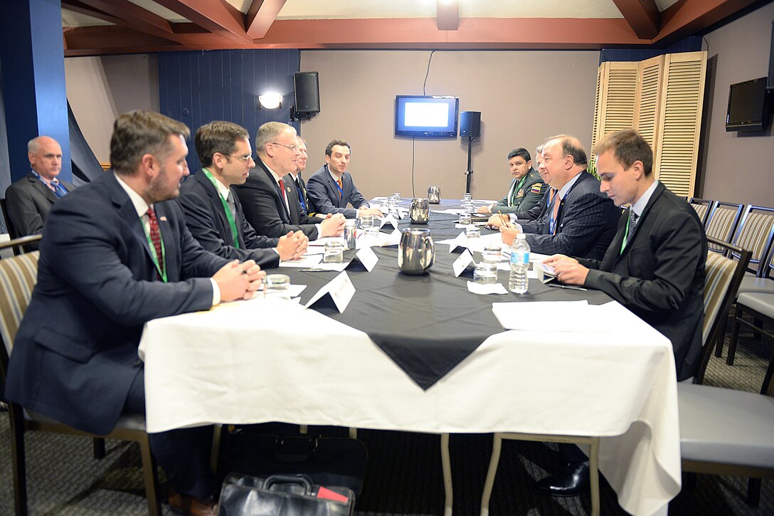 Deputy Defense Secretary Bob Work meets with Colombian Minister of National Defense Luis Carlos Villegas at the Halifax International Security Forum, Nov. 20, 2015. DoD photo by U.S. Army Sgt. 1st Class Clydell Kinchen
