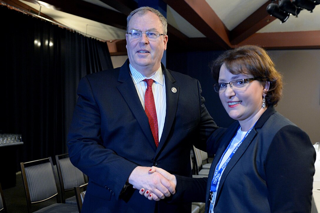 Deputy Secretary of Defense Bob Work meets Georgian Minister of Defense Tinatin Khidasheli in Halifax, Nova Scotia, Canada, at the International Security at Halifax Forum, Nov. 19, 2015. DoD photo by U.S. Army Sgt. 1st Class Clydell Kinchen
