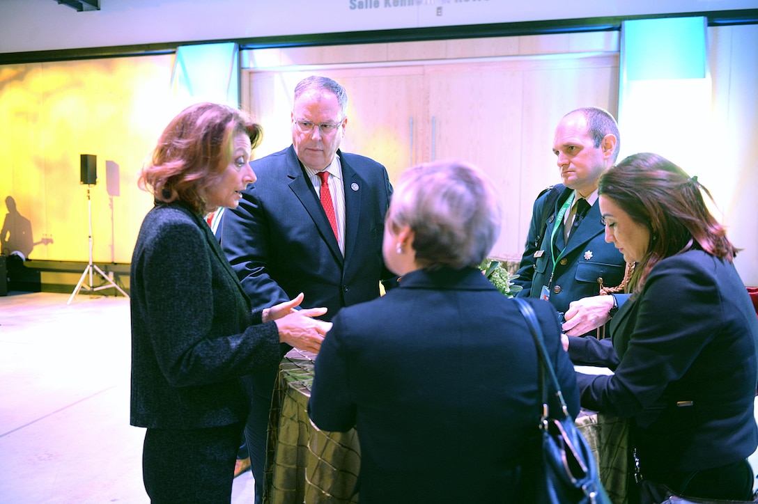 Deputy Defense Secretary Bob Work met with Montenegro's Minister of Defense Milica Pejanovic-Djurisic, left, at the  at Halifax International Security Forum in Halifax, Nova Scotia, Canada, Nov. 20, 2015. DoD photo by U.S. Army Sgt. First Class Clydell Kinchen
