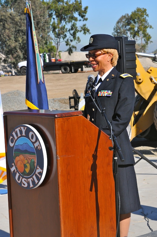 Chief Warrant Officer 5 Belynda Lindsey, command chief warrant officer, 63rd Regional Support Command, delivers a speech at the Tustin Army Reserve Center Groundbreaking Ceremony, Nov. 19, Tustin, Calif.