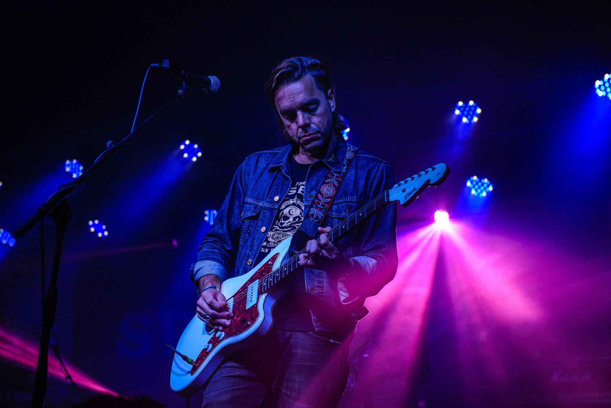 Switchfoot lead guitarist Drew Shirley performs one of the band's hit songs Nov. 21, 2015, at Andersen Air Force Base, Guam. The San Diego-based rock star shared his experience of growing up as the son of a U.S. Navy service member and thanked all present for their service to the nation. (U.S. Air Force photo by Staff Sgt. Alexander W. Riedel/Released)