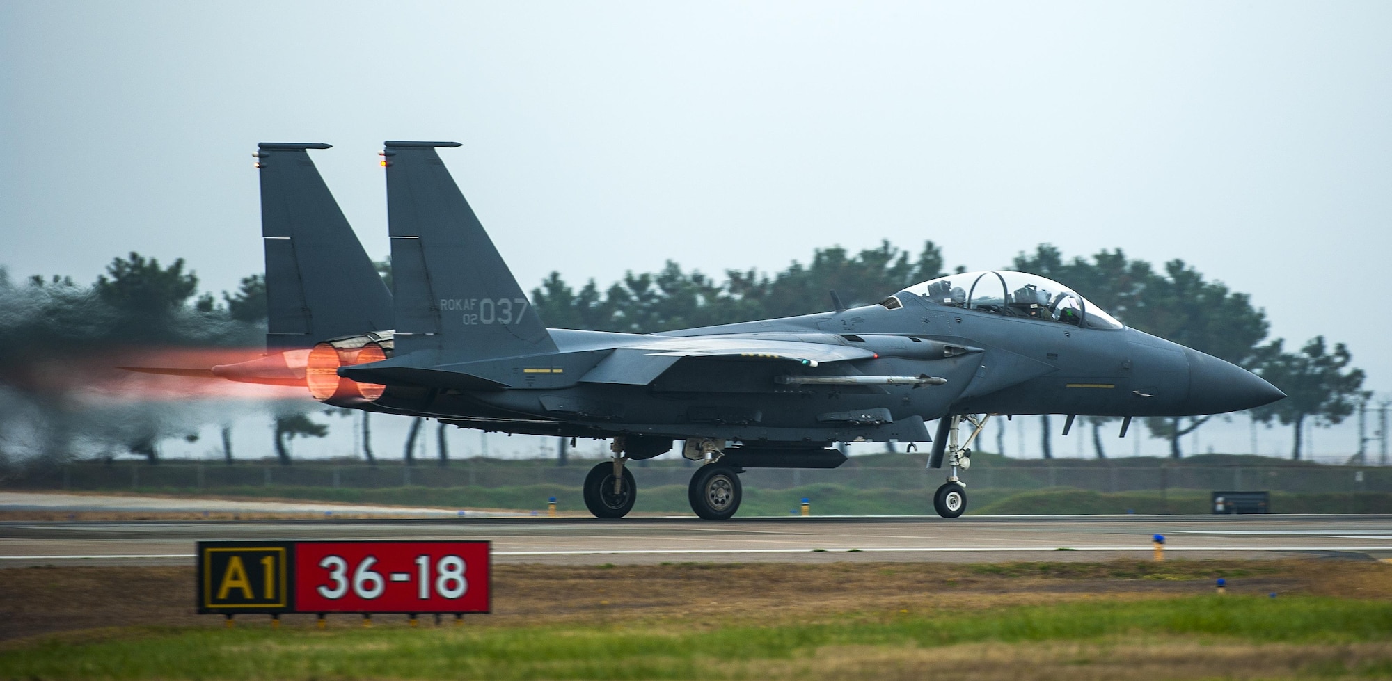 A Republic of Korea air force F-15K Slam Eagle from the 11th Fighter Wing, Daegu, prepares for takeoff as part of Buddy Wing 15-7 at Kunsan Air Base, Republic of Korea, Nov. 17, 2015. Buddy Wing is part of a combined fighter exchange program designed to improve interoperability between U.S. Air Force and ROKAF fighter squadrons and are conducted multiple times throughout the year in order to promote cultural awareness and sharpen combined combat capabilities. (U.S. Air Force photo by Staff Sgt. Nick Wilson/Released) 