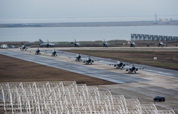 An F-16 Fighting Falcon from the 8th Fighter Wing takes off as part of Buddy Wing 15-7 at Kunsan Air Base, Republic of Korea, Nov. 17, 2015. Buddy Wing is part of a combined fighter exchange program designed to improve interoperability between U.S. Air Force and ROKAF fighter squadrons and are conducted multiple times throughout the year in order to promote cultural awareness and sharpen combined combat capabilities. (U.S. Air Force photo by Staff Sgt. Nick Wilson/Released)