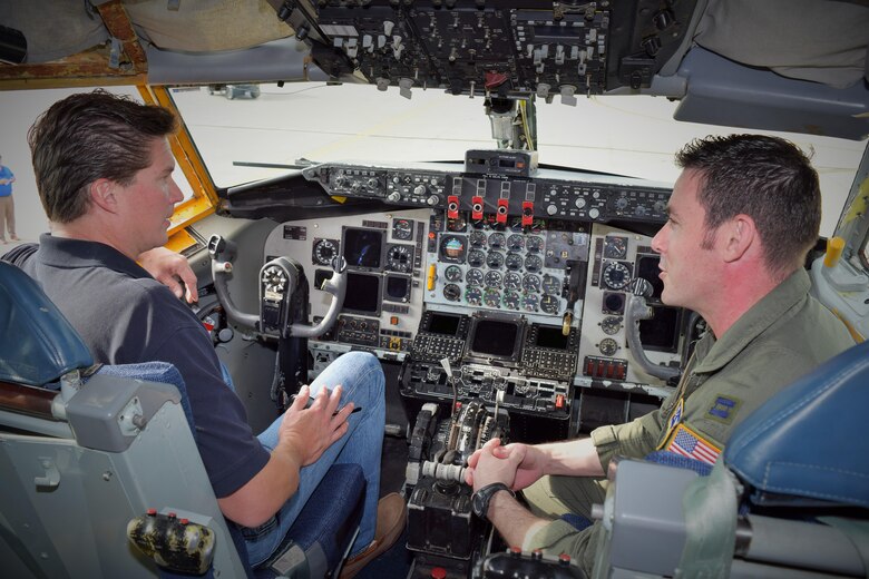 Capt. Paul Moriarty (right), 927th Air Refueling Wing KC-135 pilot, discusses the KC-135 and the wing’s refueling mission with San Antonio employer Travis Pearson Nov. 13, 2014 during a tour of MacDill Air Force Base, Florida. The tour was part of the 433rd Airlift Wing’s 2015 Employer Support of the Guard and Reserve Boss Lift. (U.S. Air Force photo/Tech. Sgt. Lindsey Maurice)
