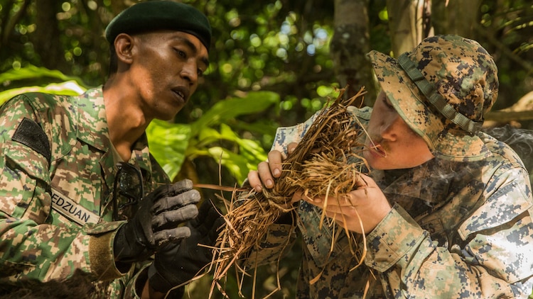 U.S. Marine Lance Cpl. Jesse Meinhardt blows on embers to start a fire using steel, a rock and dry straw in a jungle survival course during Malaysia-United States Amphibious Exercise 2015 in Tanduo, Malaysia on Nov. 11. Meinhardt is a rifleman with Kilo Company, Battalion Landing Team 3rd Battalion, 1st Marine Regiment, 15th Marine Expeditionary Unit. During the course, Marines learned how to use material found in the jungle to start and maintain a fire from Malaysian soldiers. The purpose of the exercise was to strengthen military cooperation in the planning and execution of amphibious operations between Malaysian armed forces and U.S. Marines. The 15th MEU is currently deployed in the Indo-Asia-Pacific region to promote regional stability and security in the U.S. 7th Fleet area of operations. 