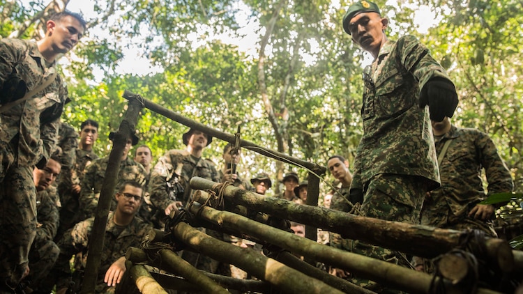 A Malaysian Army officer explains to U.S. Marines with Kilo Company, Battalion Landing Team 3rd Battalion, 1st Marine Regiment, 15th Marine Expeditionary Unit, how to build a wild game trap using vines and wood in a jungle survival course during Malaysia-United States Amphibious Exercise 2015 in Tanduo, Malaysia on Nov. 11. During the course, Marines learned to build multiple traps and snares. The purpose of the exercise was to strengthen military cooperation in the planning and execution of amphibious operations between Malaysian armed forces and U.S. Marines. The 15th MEU is currently deployed in the Indo-Asia-Pacific region to promote regional stability and security in the U.S. 7th Fleet area of operations. 