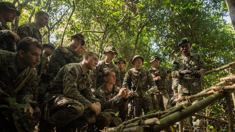 A Malaysian Army officer explains to U.S. Marines with Kilo Company, Battalion Landing Team 3rd Battalion, 1st Marine Regiment, 15th Marine Expeditionary Unit, how to build a wild game trap using vines and wood in a jungle survival course during Malaysia-United States Amphibious Exercise 2015 in Tanduo, Malaysia on Nov. 11. During the course, Marines learned to build multiple traps, and snares. The purpose of the exercise was to strengthen military cooperation in the planning and execution of amphibious operations between Malaysian armed forces and U.S. Marines. The 15th MEU is currently deployed in the Indo-Asia-Pacific region to promote regional stability and security in the U.S. 7th Fleet area of operations. 